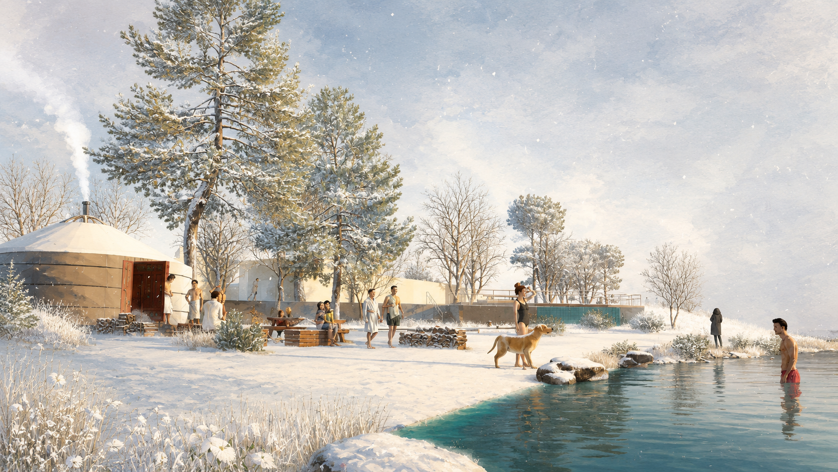 In de winter transformeert het strand tot een plek voor sauna, winterzwemmen en wellness aan het water.