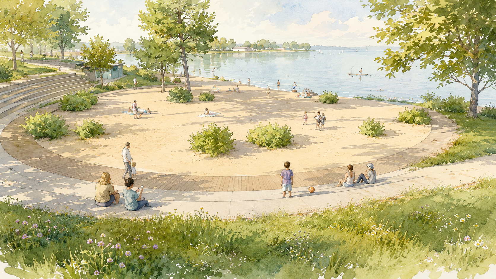 Zachte overgangen tussen park, strand en water creëren ruimte voor verblijf en ontmoeting.