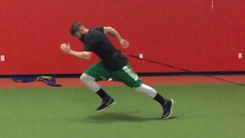 Charlie Blackmon of the Colorado Rockies training acceleration. Things to take note of: Charlie’s trunk is slightly leaned forward and very stiff. His front shin angle is positioned to strike the ground in a strong position, about 45 degrees. Charlie’s rear leg is fully extended, which allows him to be propelled forward.