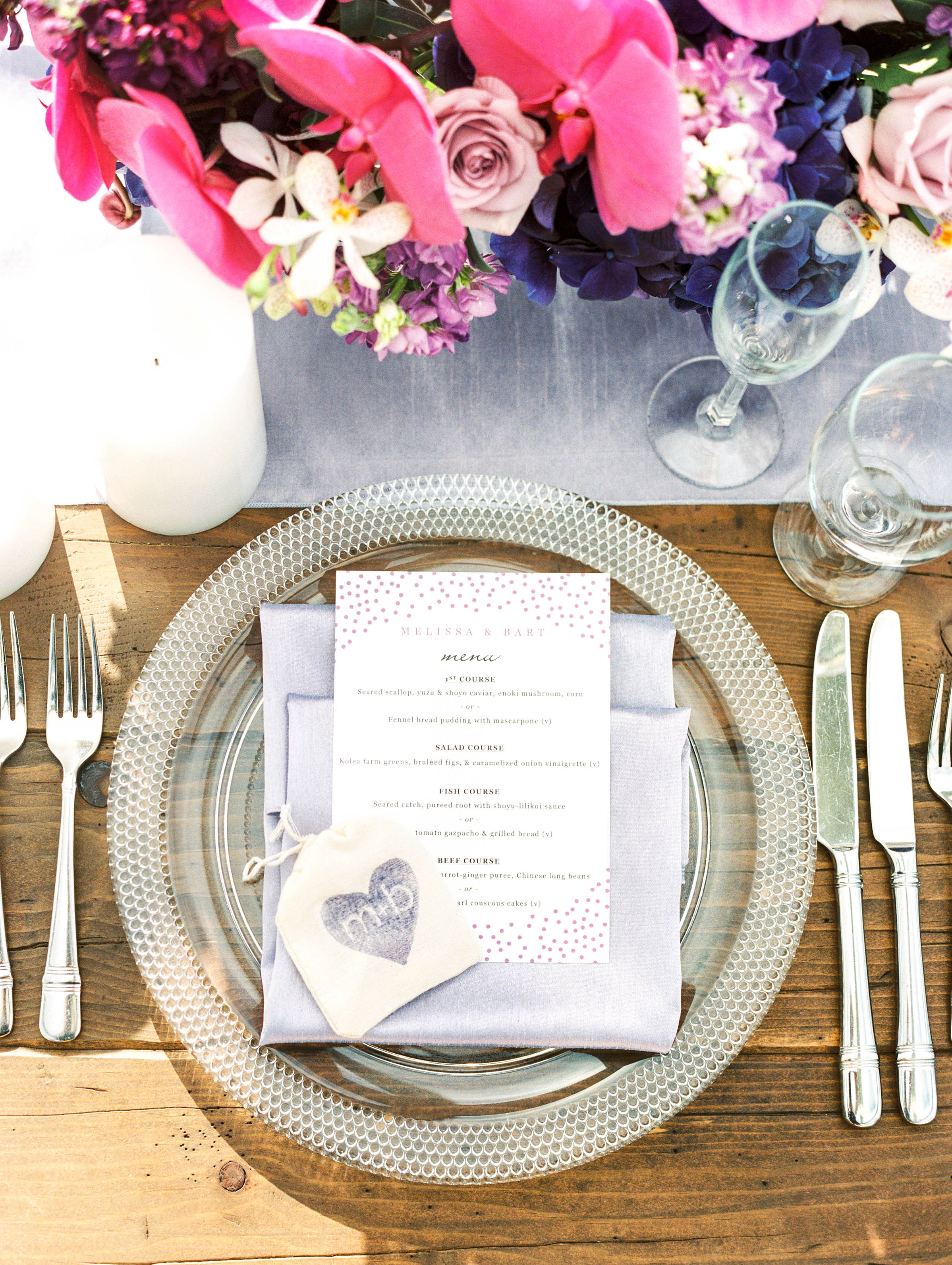 Michelle Garibay Events | Elegant Oahu Wedding | Loulu Palm Estate | Destination Wedding Planner | Lavender Placesetting Detail