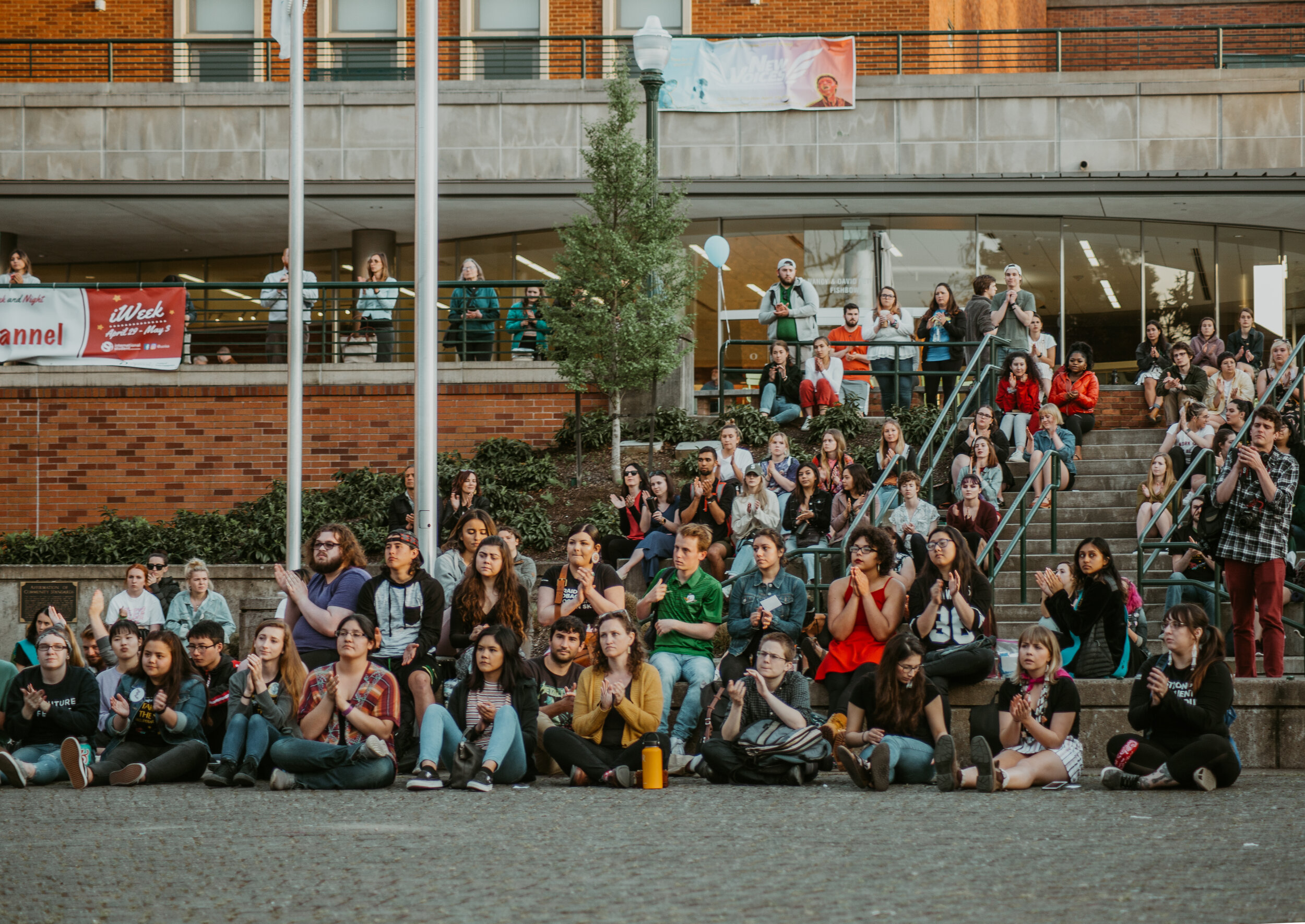  Hundreds of students and community members gathered at the University of Oregon’s EMU for the annual Take Back the Night event in Eugene, Ore. on April 25, 2019. (Jessica Smith/Flux)  