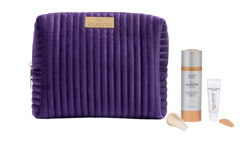 Alastin Power Protection Kit including cosmetic bag, C-Radical Defense serum, and HydraTint Pro Mineral SPF