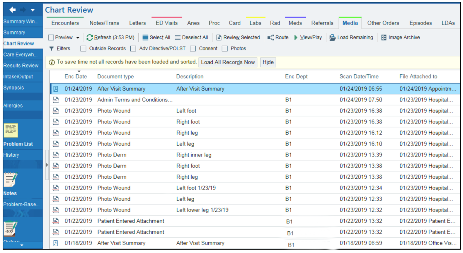An example “Media List” on an EHR.