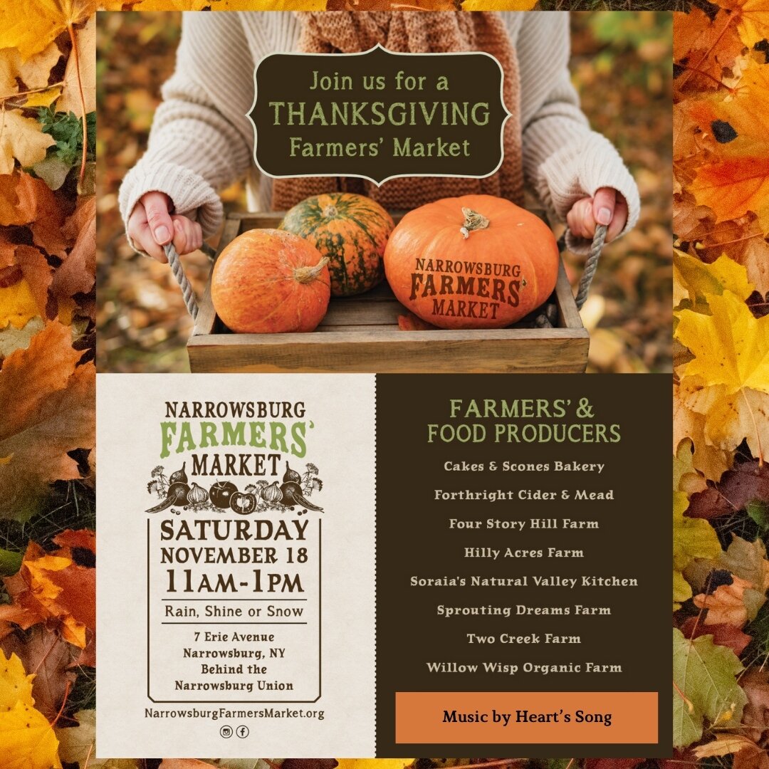 Visit our Thanksgiving Farmers' Market TODAY 🦃 11am-1pm, behind the @NarrowsburgUnion 👍⁠
⁠
✔️ Pick-up your pre-ordered turkey from @Hilly.AcresFarm, @TwoCreek Farm or Four Story Hill Farm⁠
⁠
✔️ Stock up on farm-fresh veggies and herbs @SproutingDre