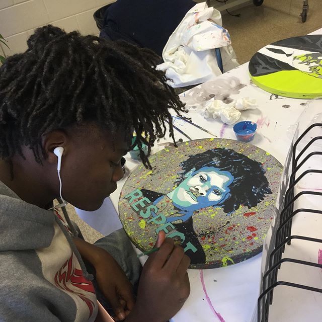 This past two weeks, we painted self-portraits with the students at the SAIL program West High School and the Seed to Table program at East High. The 2008 HOPE poster by Shepard Fairey was the inspiration for this painting project. Self-portrait with