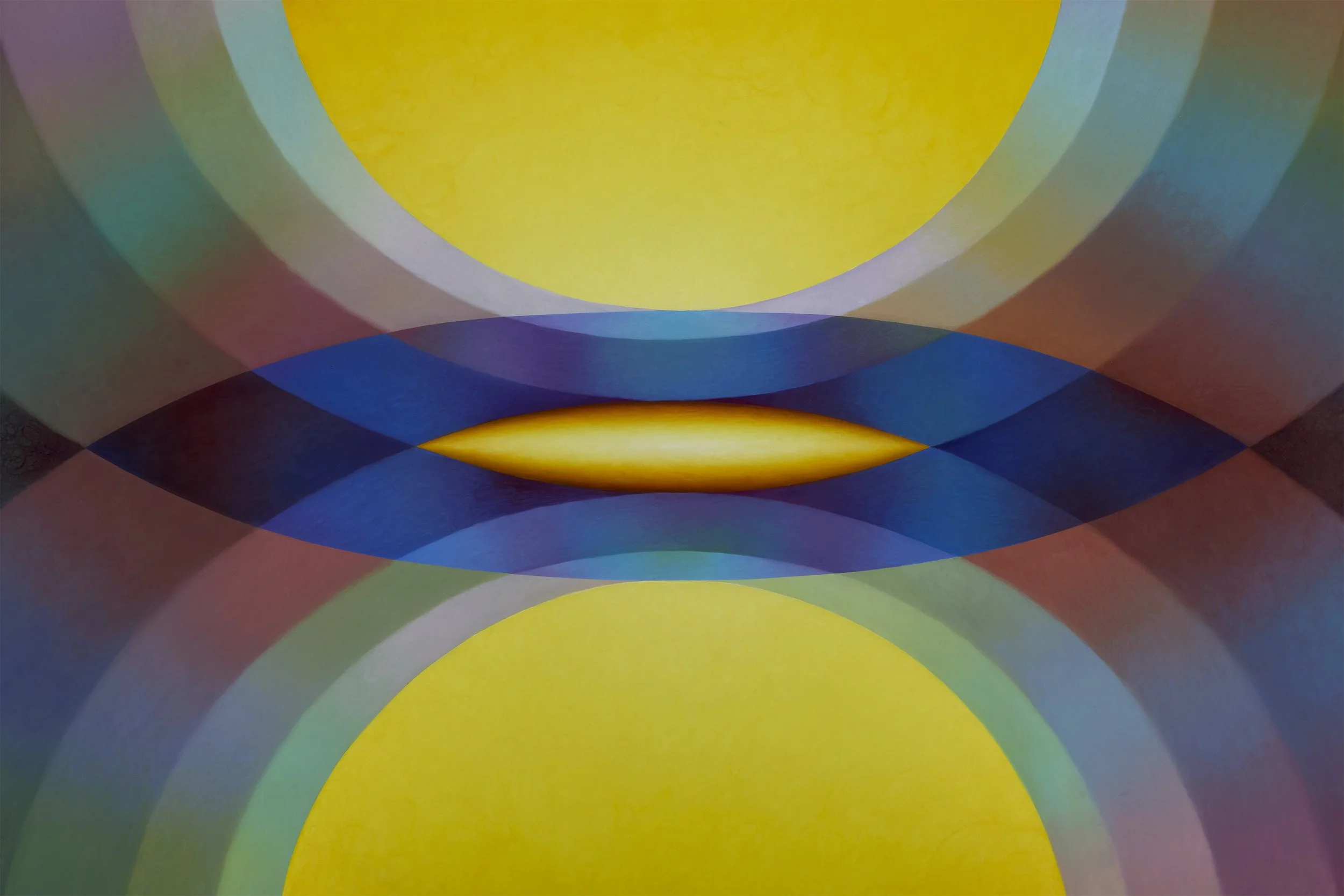    Overview Effect in yellow with small yellow mandorla    oil, acrylic medium, and high-density foam on linen over panel  72” x 54” x 2.5” 