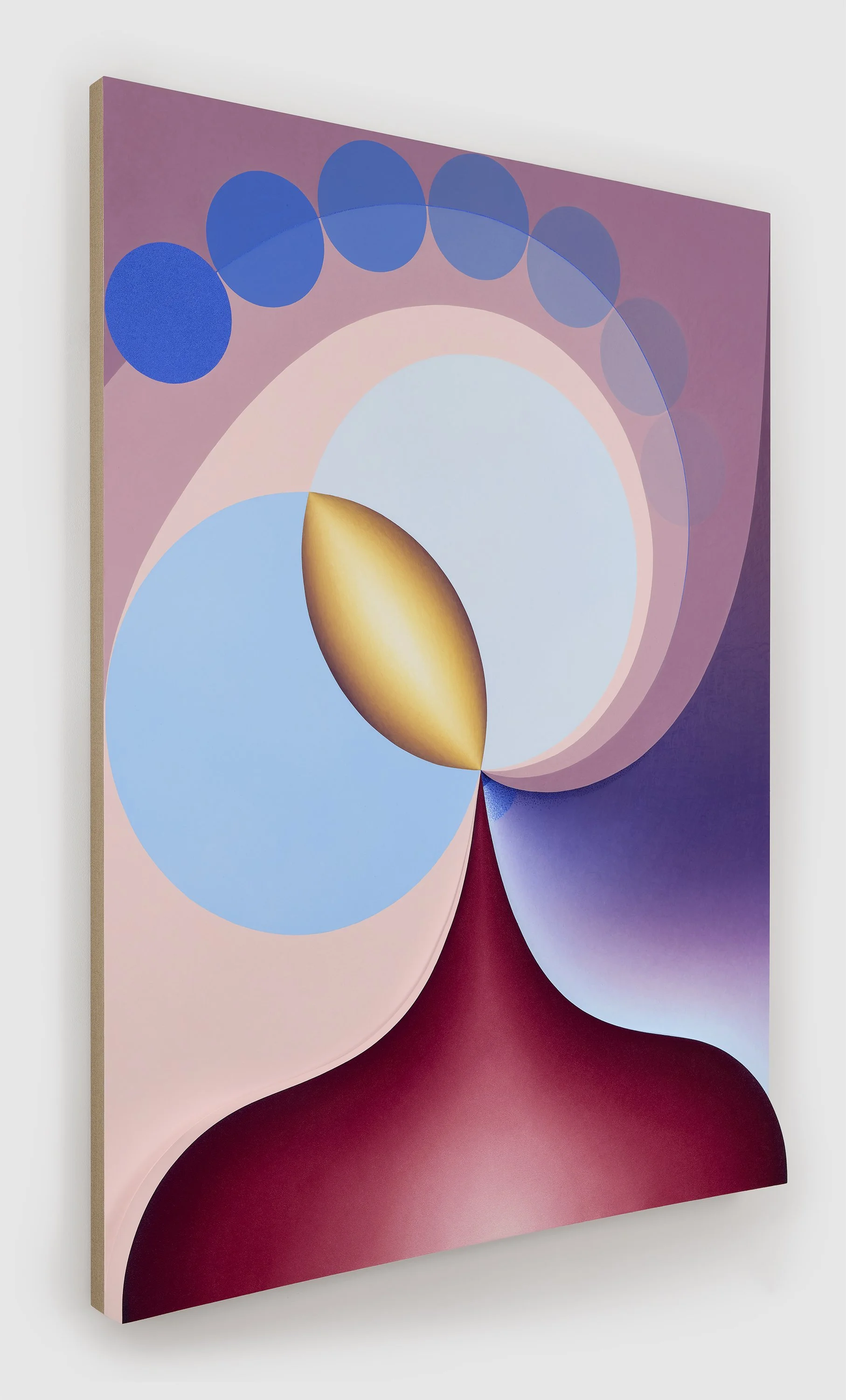    Mother’s Milk in mauve, red, yellow and blue    oil, acrylic medium, and high-density foam on linen over panel  72” x 54” x 4” 