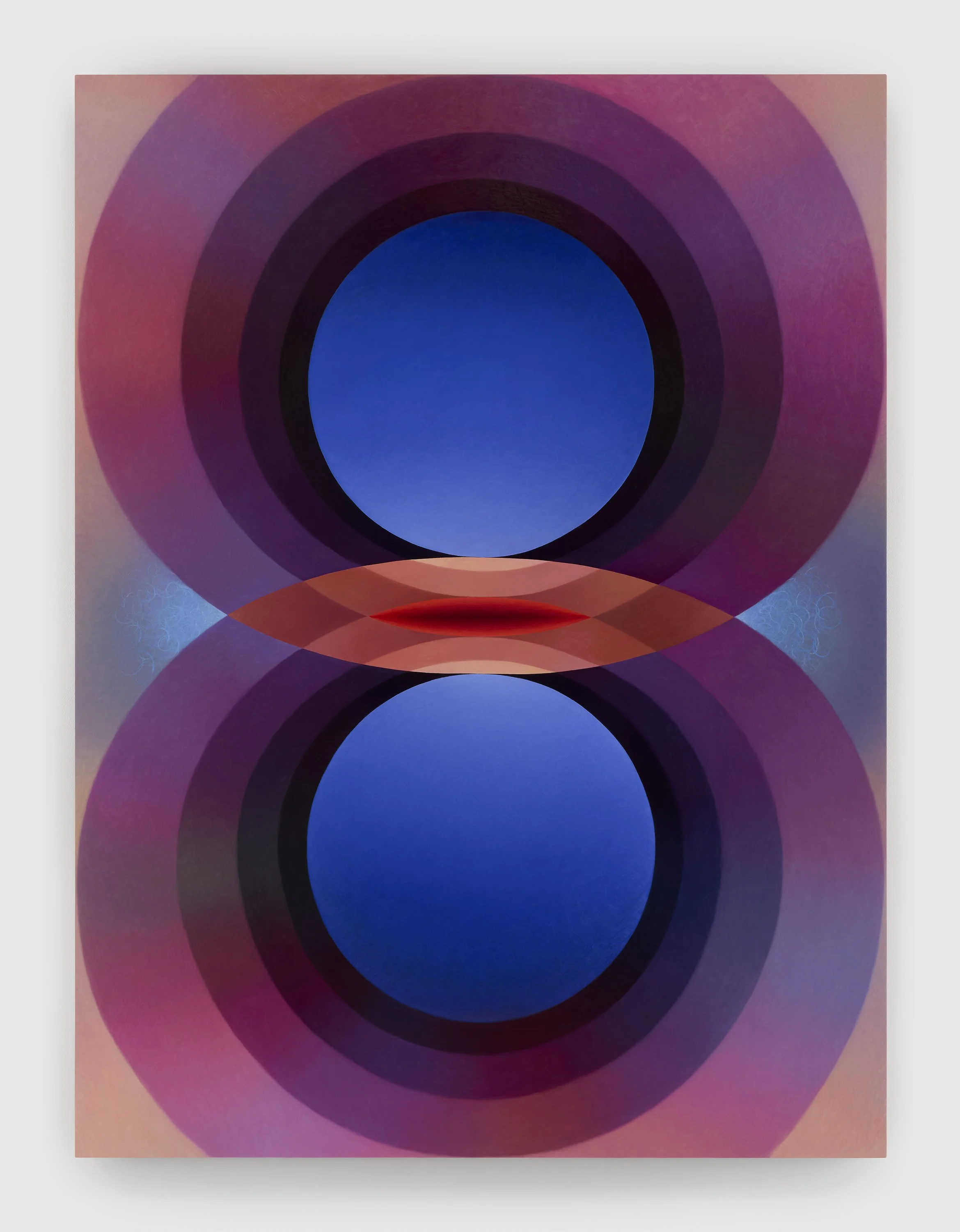    Overview Effect in mauve atmosphere with ultramarine spheres and small inverse mandorla    oil, acrylic medium, and high-density foam on linen over panel  72” x 54” x 2.5” 