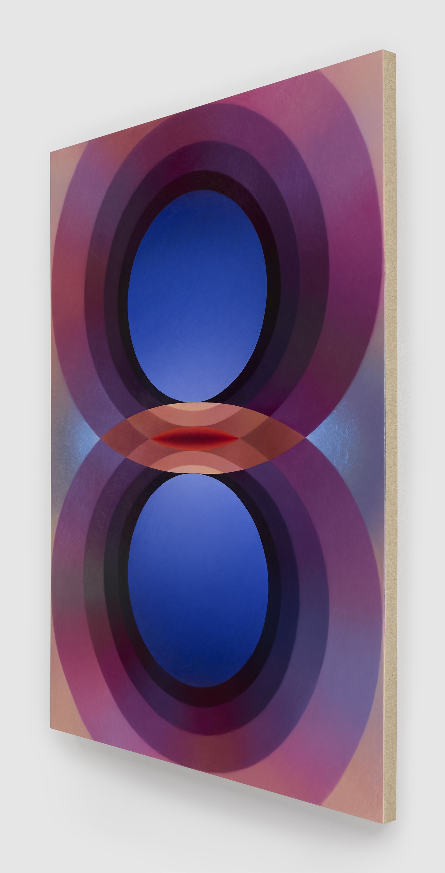    Overview Effect in mauve atmosphere with ultramarine spheres and small inverse mandorla    oil, acrylic medium, and high-density foam on linen over panel  72” x 54” x 2.5” 