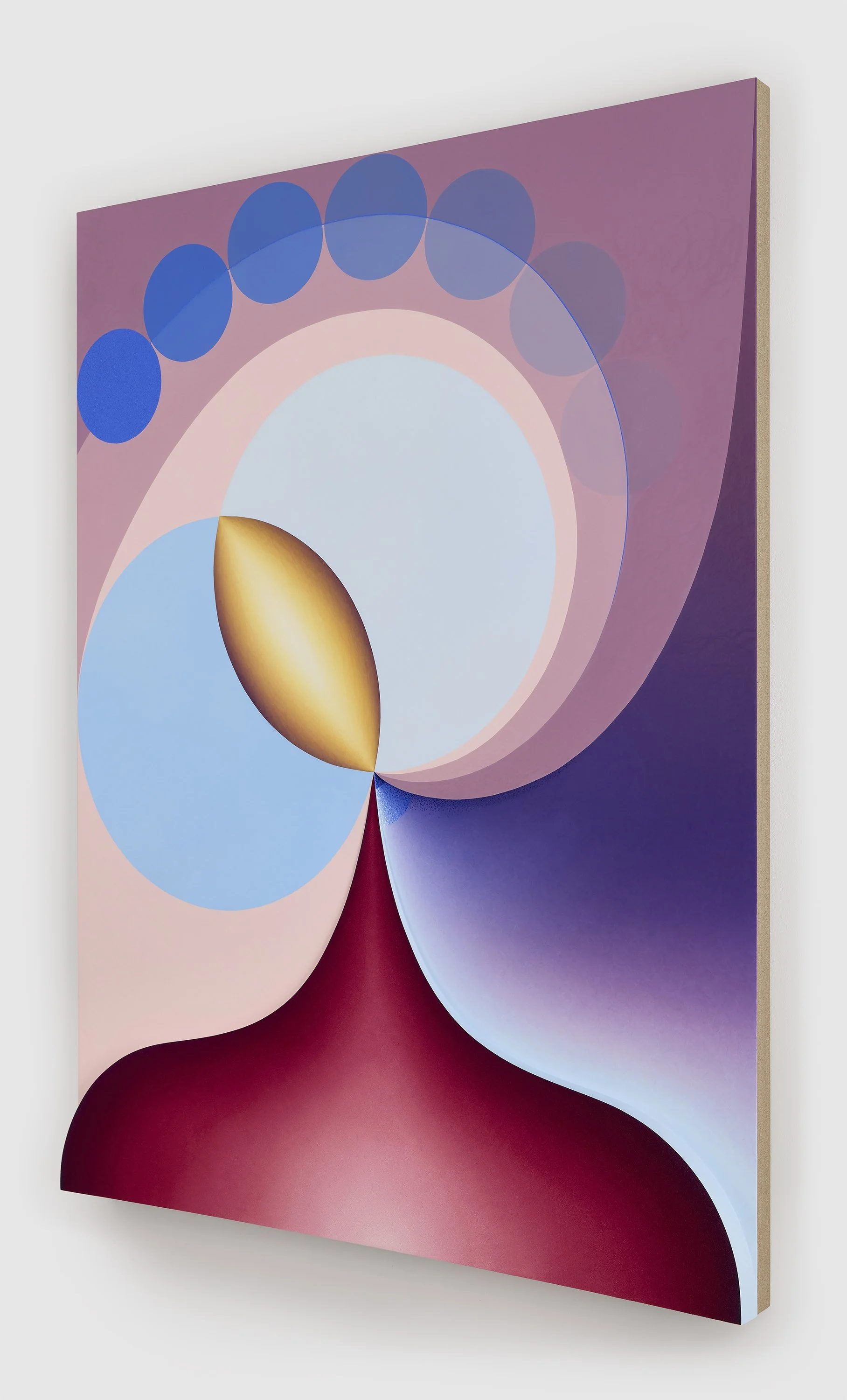    Mother’s Milk in mauve, red, yellow and blue    oil, acrylic medium, and high-density foam on linen over panel  72” x 54” x 4” 