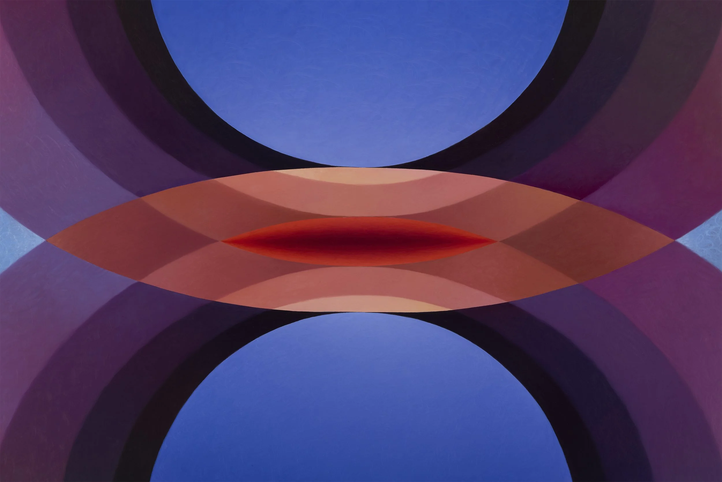   Overview Effect in mauve atmosphere with ultramarine spheres and small inverse mandorla    oil, acrylic medium, and high-density foam on linen over panel  72” x 54” x 2.5” 