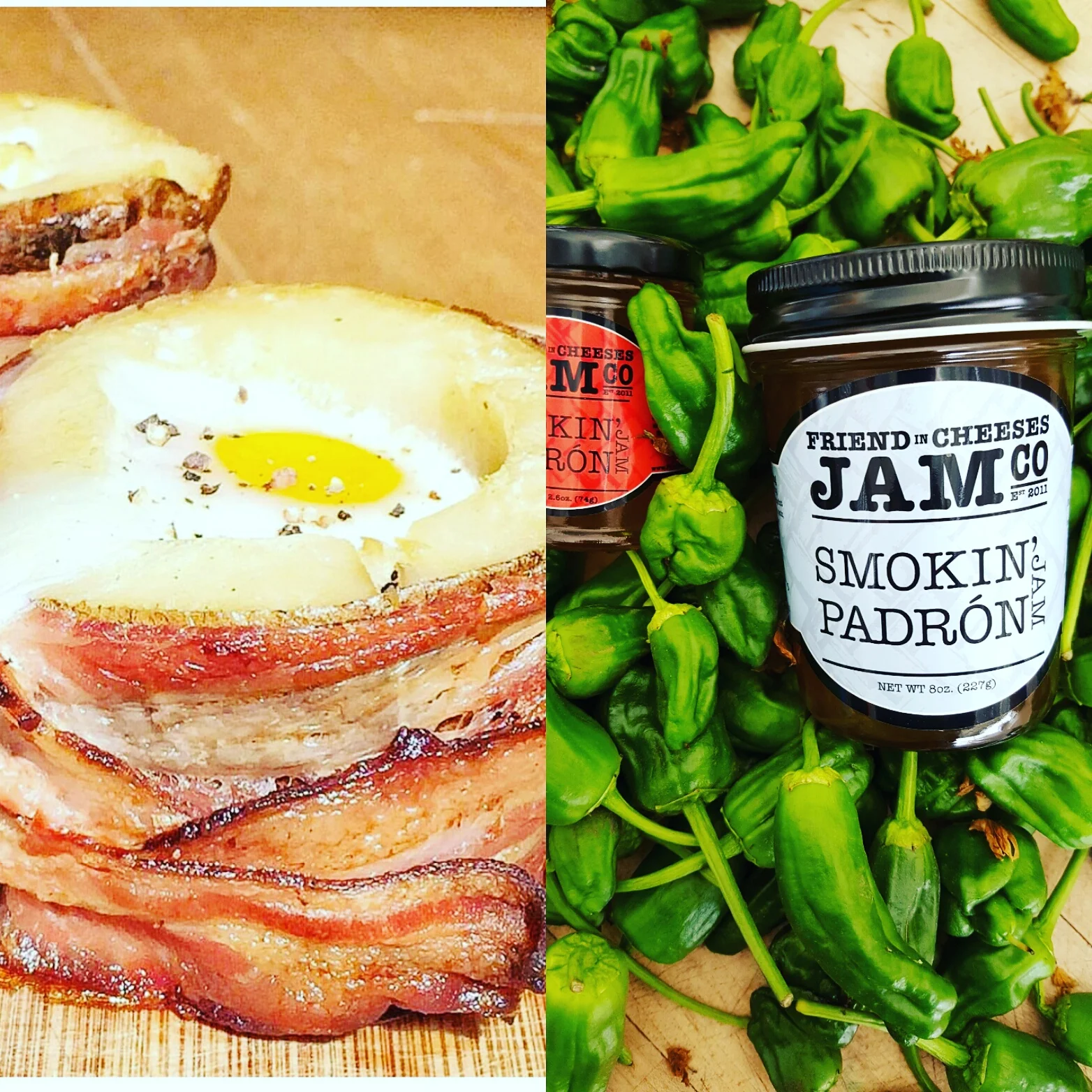 Smokin breakfast Hollow out any potato you wish and sliver bottom of each so to stand upright when cooking and serving., we love a large new potato or cream potato . They are sweeter and have more moisture than a Russet. Glaze 2 or three sliced of thick cut bacon for each potato with SPJ and wrap around the outside of spud. Secure ends with toothpick . In the cavity of potato makes 4x Saute' one lb of fresh spinach with 3 cloves of sliced garlic and dice of one large shallot a squeeze of half a lemon sea salt and pepper to taste . Evenly distribute the mixture in the 4 spuds if larger potatoes add more filling to desired want. Roast aprox 30 to 40 min at 350 degrees F on bake in oven . Then crack an egg into each potato and 1T of your favorite cheese , we love Bellwether Farms sheep's milk Carmody. Back in oven til egg is cooked to desired doneness. From 5 min to 15. Viola brunch in a spud. 