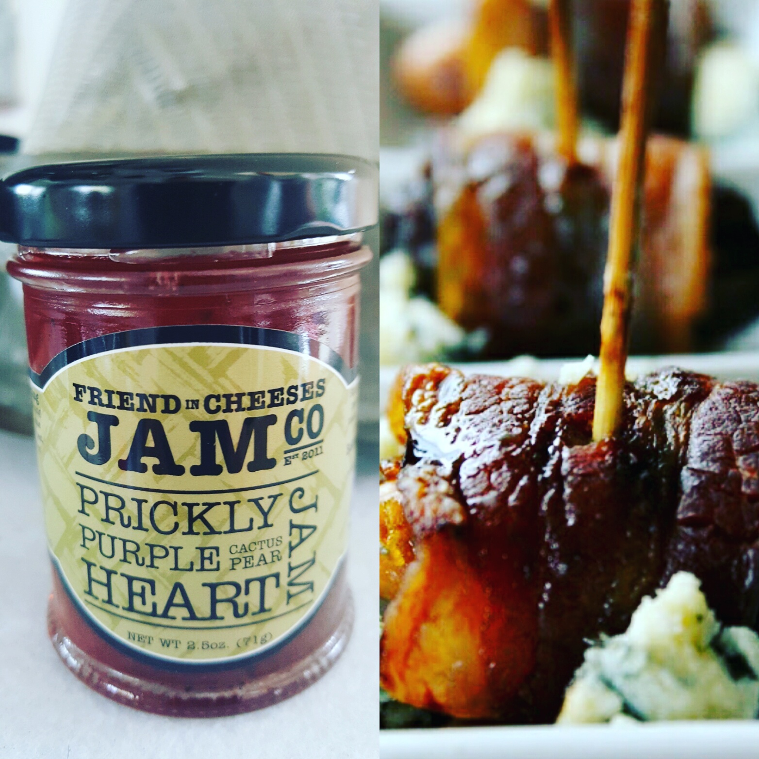 Twist on classic bacon wrapped dates 10 Medajool dates with stone removed Stuff with a blue cheese like May tag And a roasted Marcona Spanish almond. 5 slices of thick cut baconcut in half and glaze with warmed PRICKLY PURPLE HEART JAM Wrap each date with the half of bacon secure with bamboo skewer and place onparchment covered sheet pan and bake 10 min at 350 or grill til bacon nice and crispy..