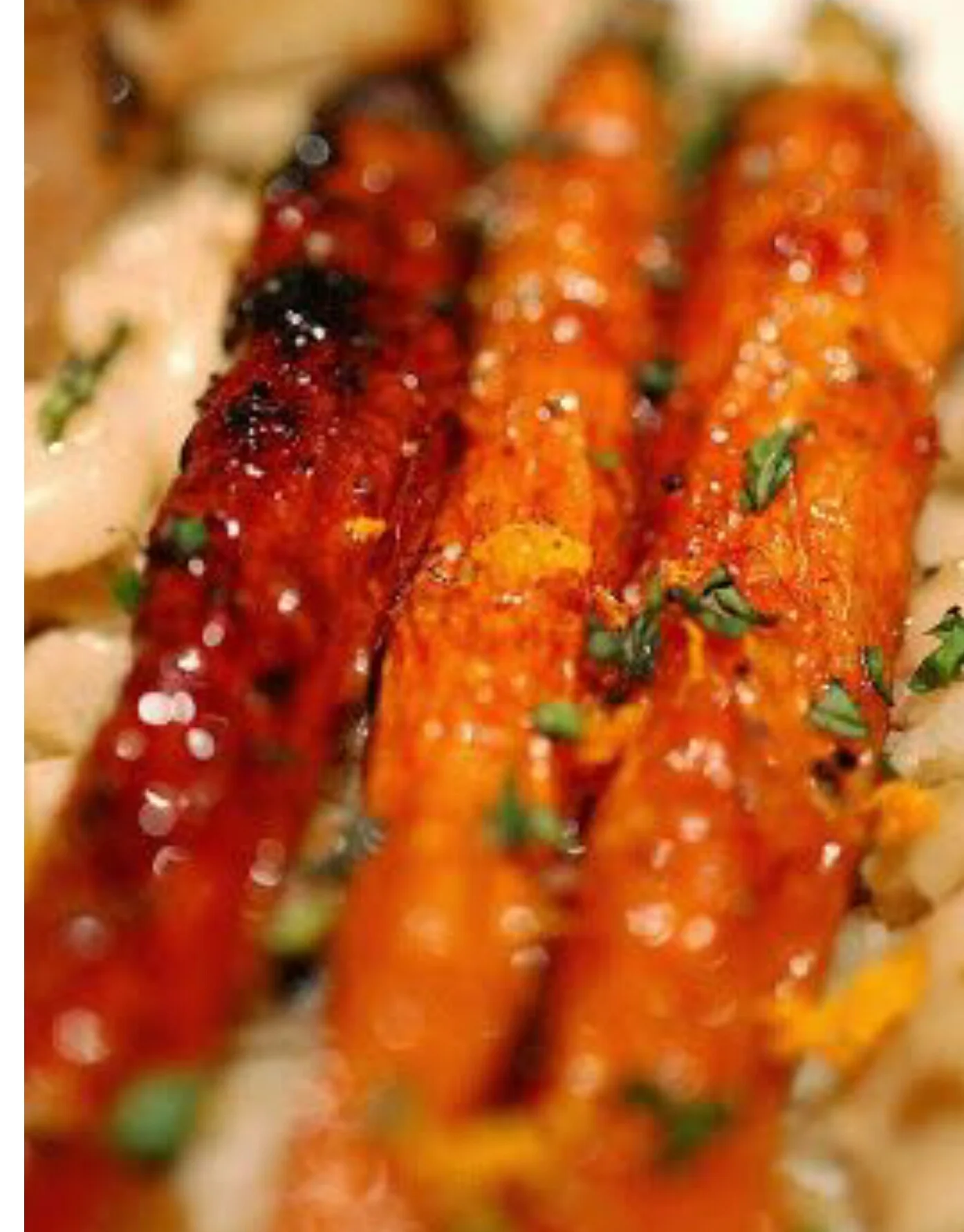 Electric carrots 2lbs youngcarrots peeled 3 cloves garlic rough chop 3T Olive oil 1/2 jar warmed EBRC Sea salt and fresh thyme 350 oven In a bowl toss warmed EBRC oil garlic and carrots Place glazed carrots in a roasting pan Oven 20 to 30 min till carmalized and roasted ...your nose will know... Then after placing on serving platter sprinkle fresh chopped thyme and a sprinkle of sea salt to taste...