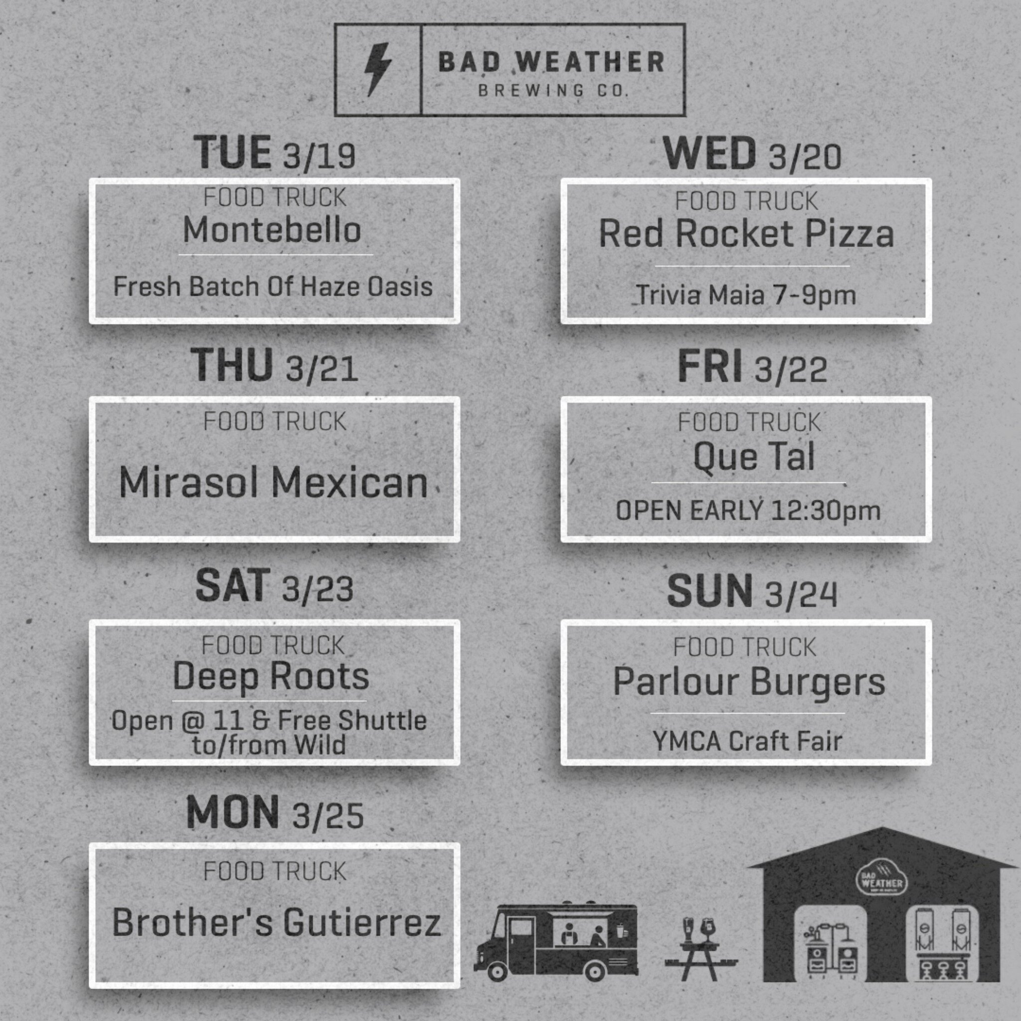 Food Truck Schedule for the rest of the week! Note we are opening early on Friday and Saturday this week.