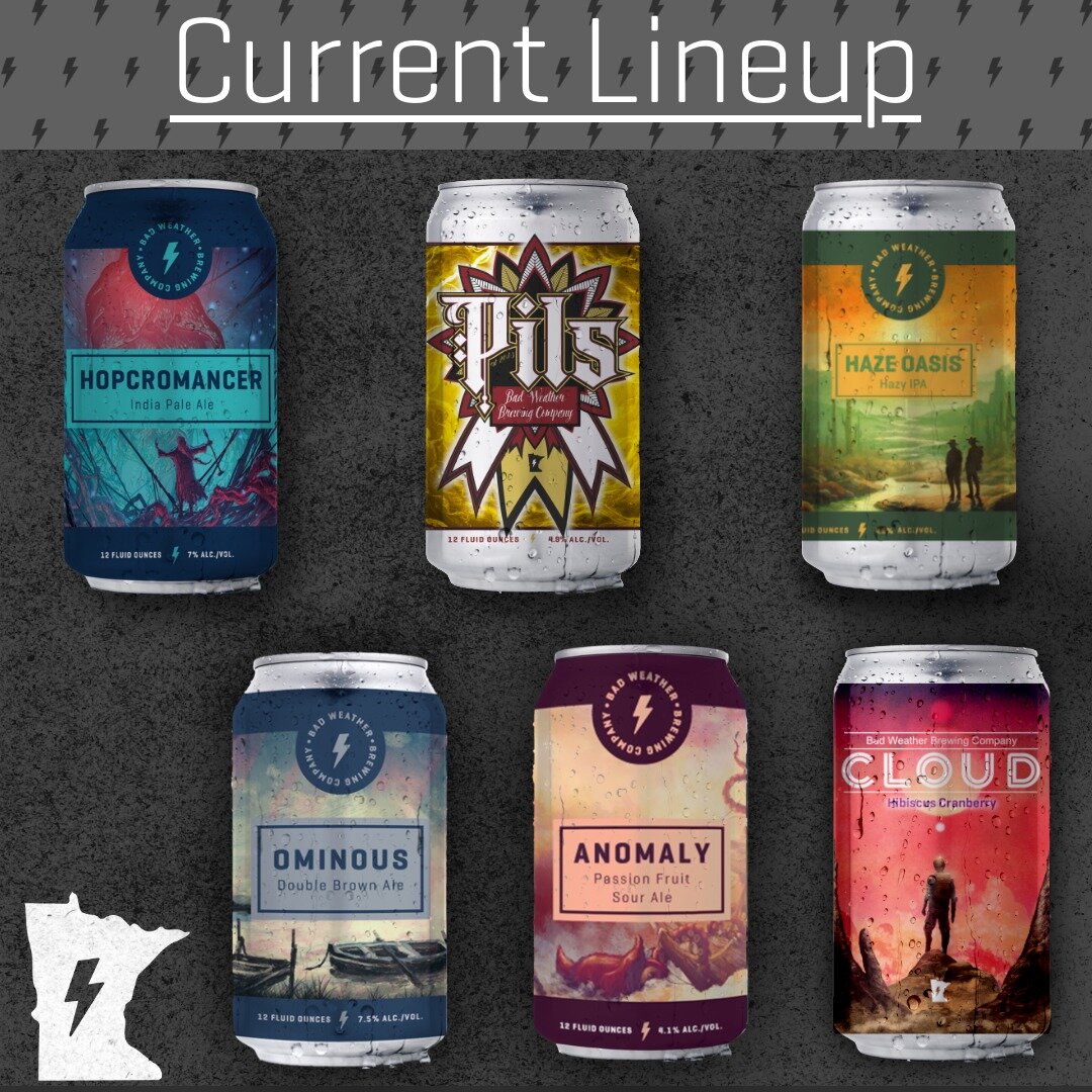 Here's the current line up of tasty beverages! Pop into your favorite bottle shop that carries us and you should find...

-Hopcromancer IPA
-Pils
-Haze Oasis Hazy IPA
-Ominous Double Brown Ale
-Passionfruit Anomaly Sour Ale
-Cloud Cranberry Hibiscus 