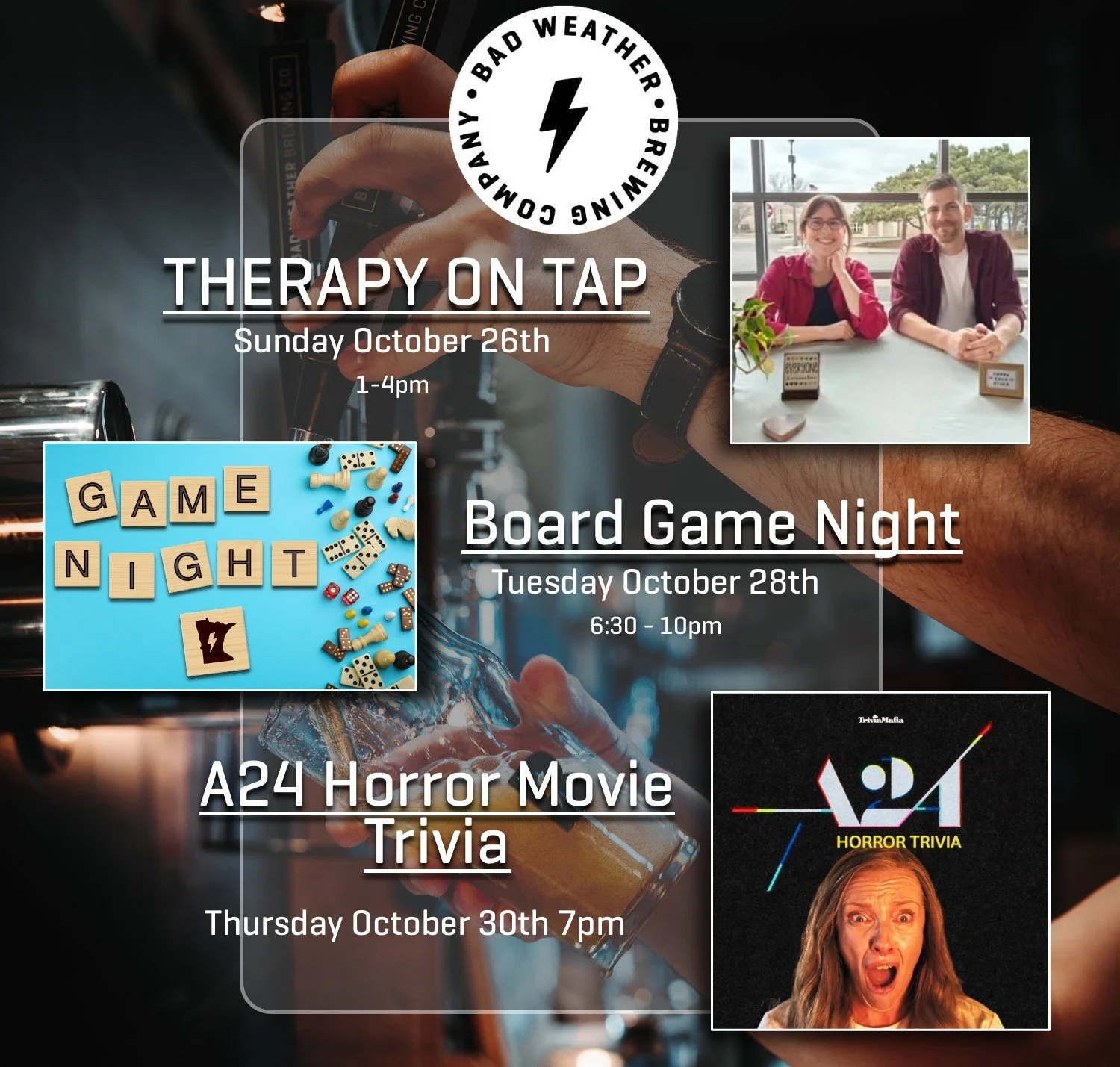 Next week we have some fun special events for you. Mark your calendars. 
First off we are happy to host another  Therapy On Tap w/ @asyouaretherapymn on Sunday. Therapist from the Twin Cities area will be at taproom to answer questions, talk, and he