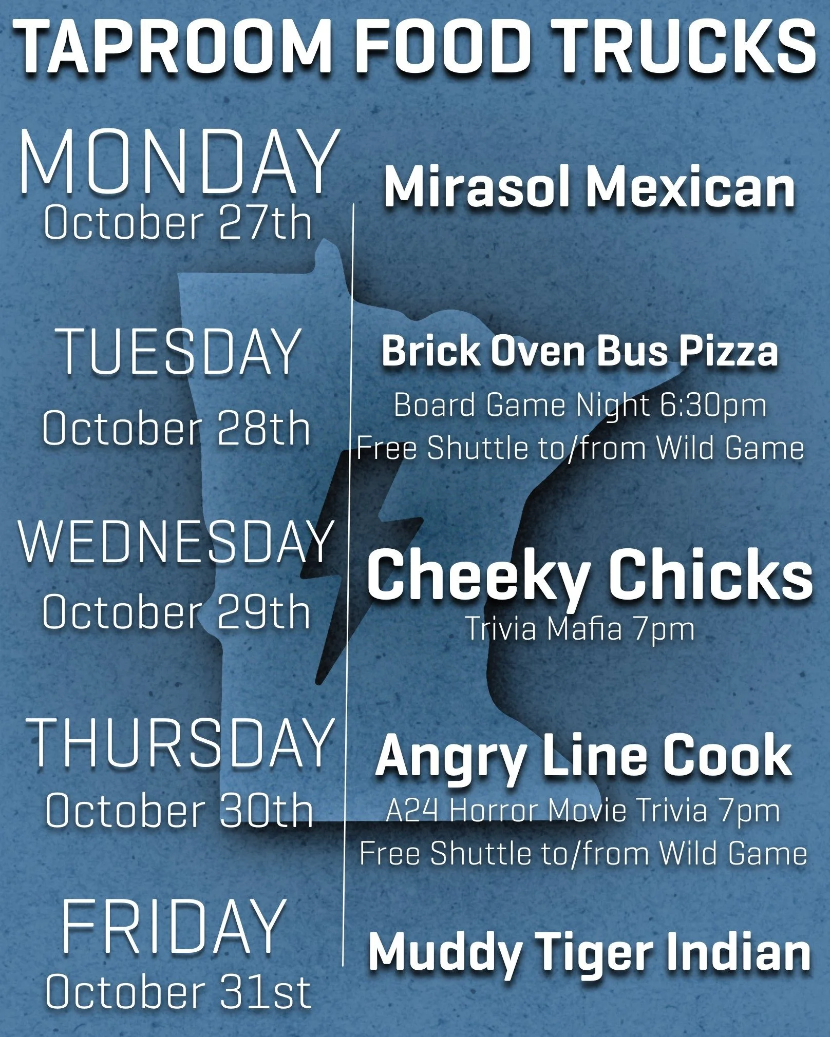 Food truck schedule for the week! 
Note it's Board Game Night on Tuesday, Trivia Mafia Wednesday, A24 Horror Movie Trivia on Thursday and as always Free Shuttles to/from the Wild Games.