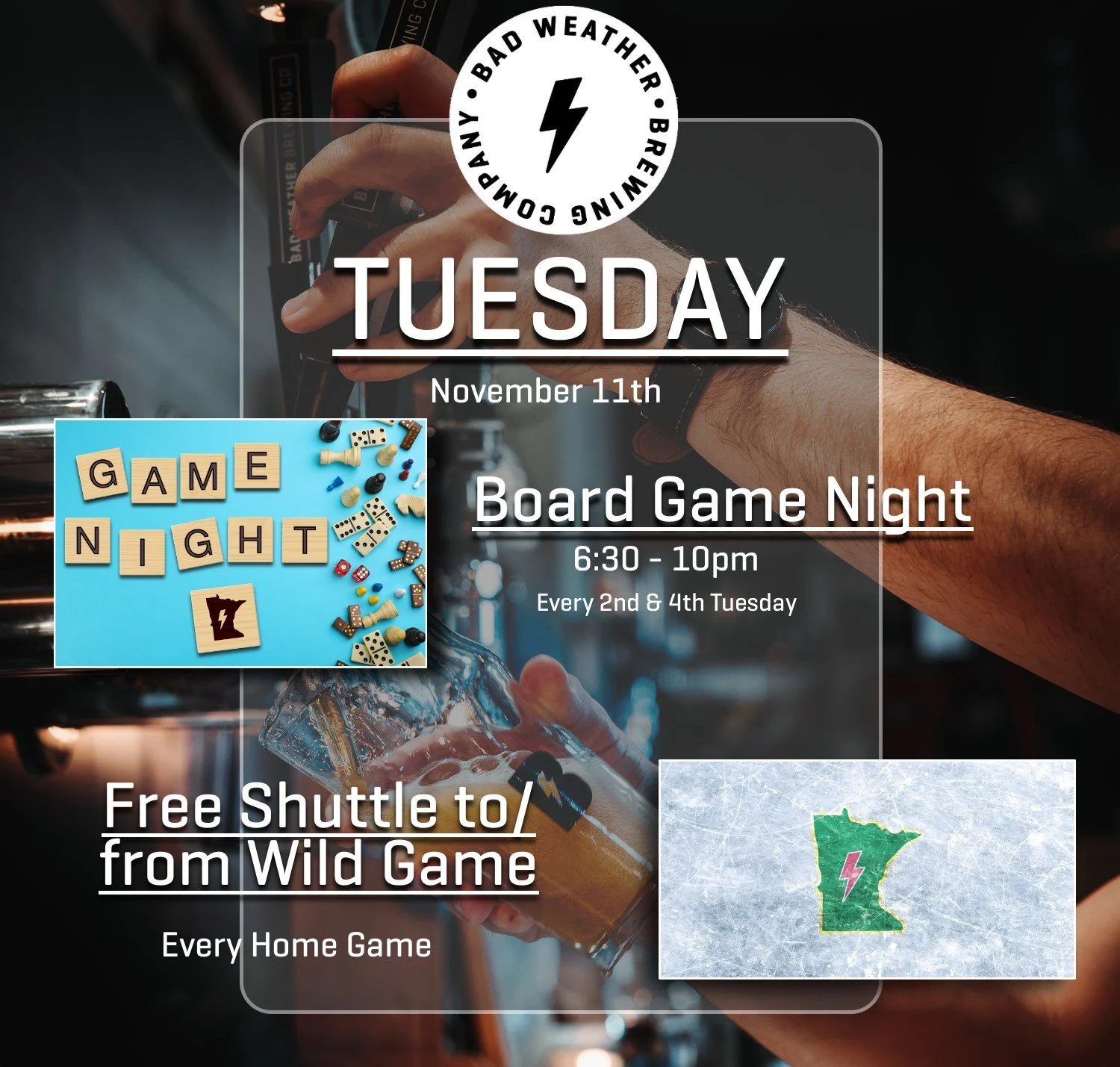 TODAY! (Tuesday)

- Board Game Night (6:30-10pm) Bring your own games or choose from a selection by our host @saintpaulgamegroup. We play every 2nd and 4th Tuesday of the Month. 

- FREE Shuttle to and from the Wild game. Our shuttles run for every h