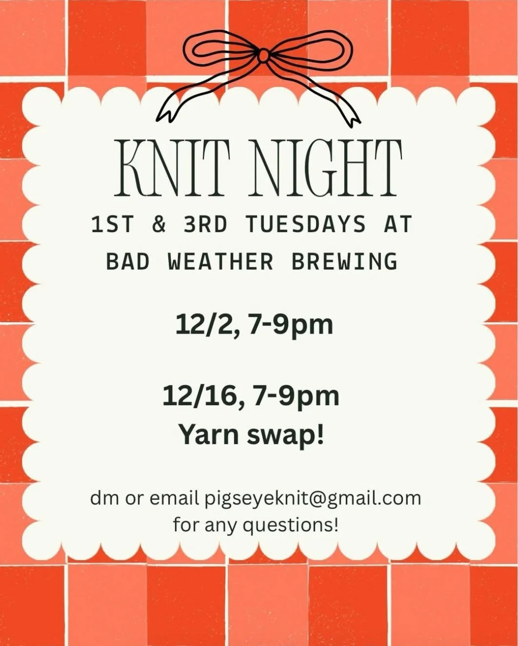 Join us for knit night at the taproom hosted by @pigseyeknit! They meet on the 1st and 3rd Tuesdays 7-9pm, our December dates are 12/2 and 12/16, with a YARN SWAP on 12/16! All skill levels welcome, crochet/weaving/spinning/etc also welcome!

For the