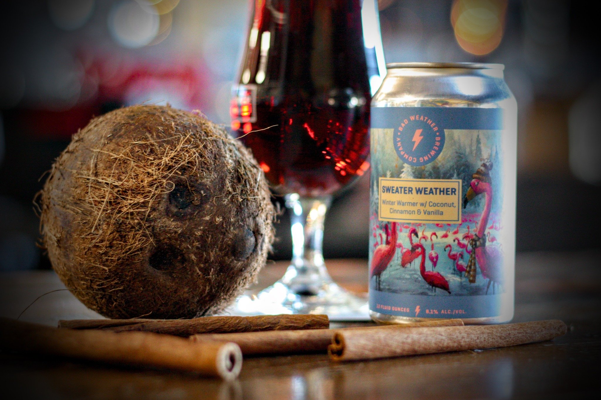 Bundle up and prepare yourself for Sweater Weather.

This comforting ale is made with toasted coconut, Saigon cinnamon, and vanilla bean. Also a dash of malted Kernza that aids in the cinnamon flavor of the beer. Kernza is a perennial grain that has 