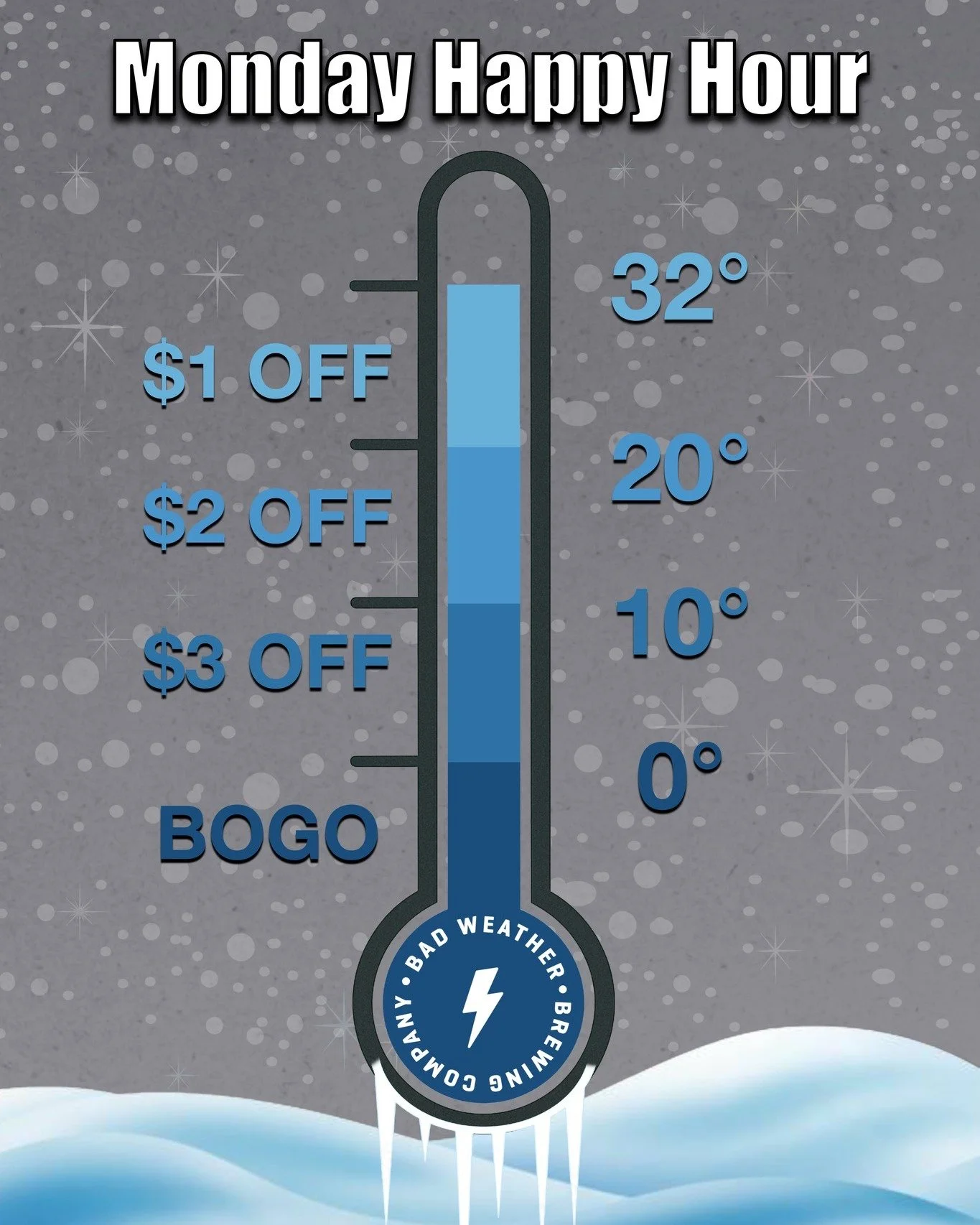 Open at NOON today! 

And since it's Monday, our Happy hour Thermometer is in effect! Beer prices will be based on the temperature when we open (noon!).