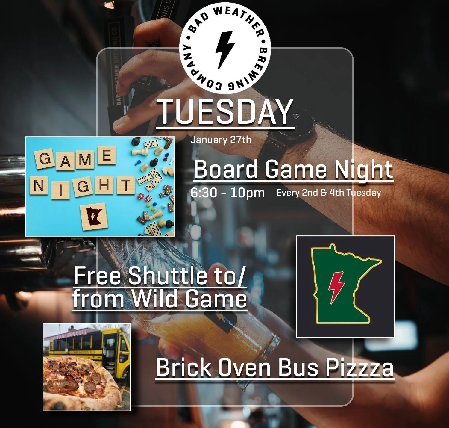 Today (Tuesday!) 

- Board Game Night 6:30-10
- Free Shuttle to/from the Wild Game
- @thebrickovenbus Pizza!