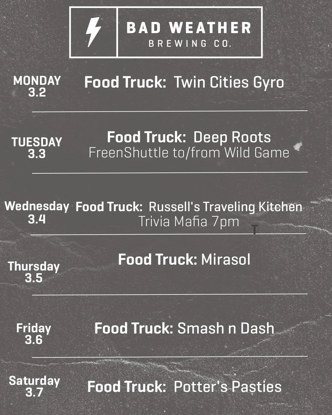 Food truck schedule for the week! It's going to be beautiful out, join us for a beer.