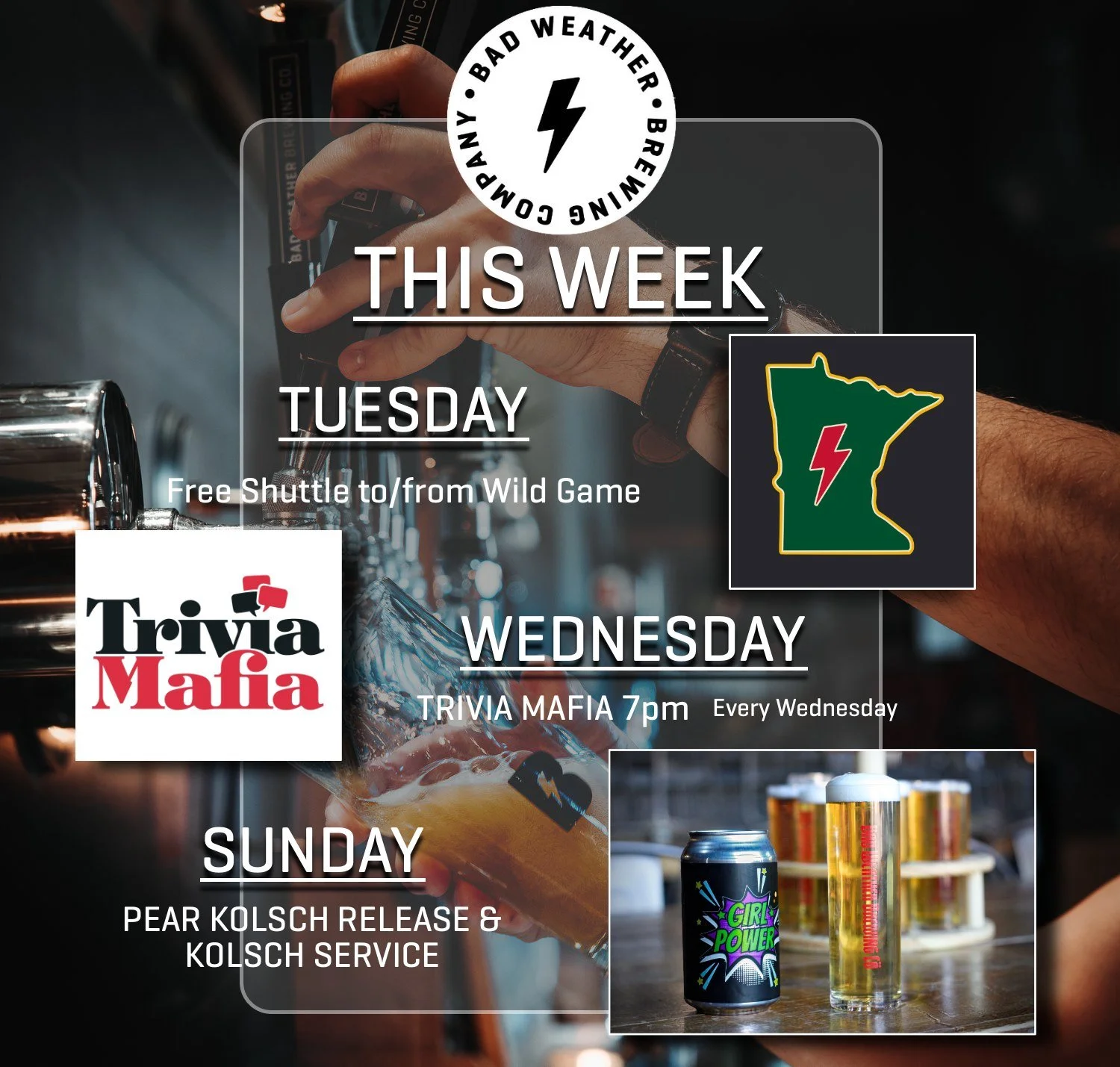 Taproom Events Week!

Tuesday is Knit night + A FREE shuttle to/from the Wild game 

Wednesday is @triviamafia. General knowledge, every Wednesday at 7pm

Sunday is International Women's Day and we are releasing 'GIRL POWER' a Pear Kolsch brewed by t