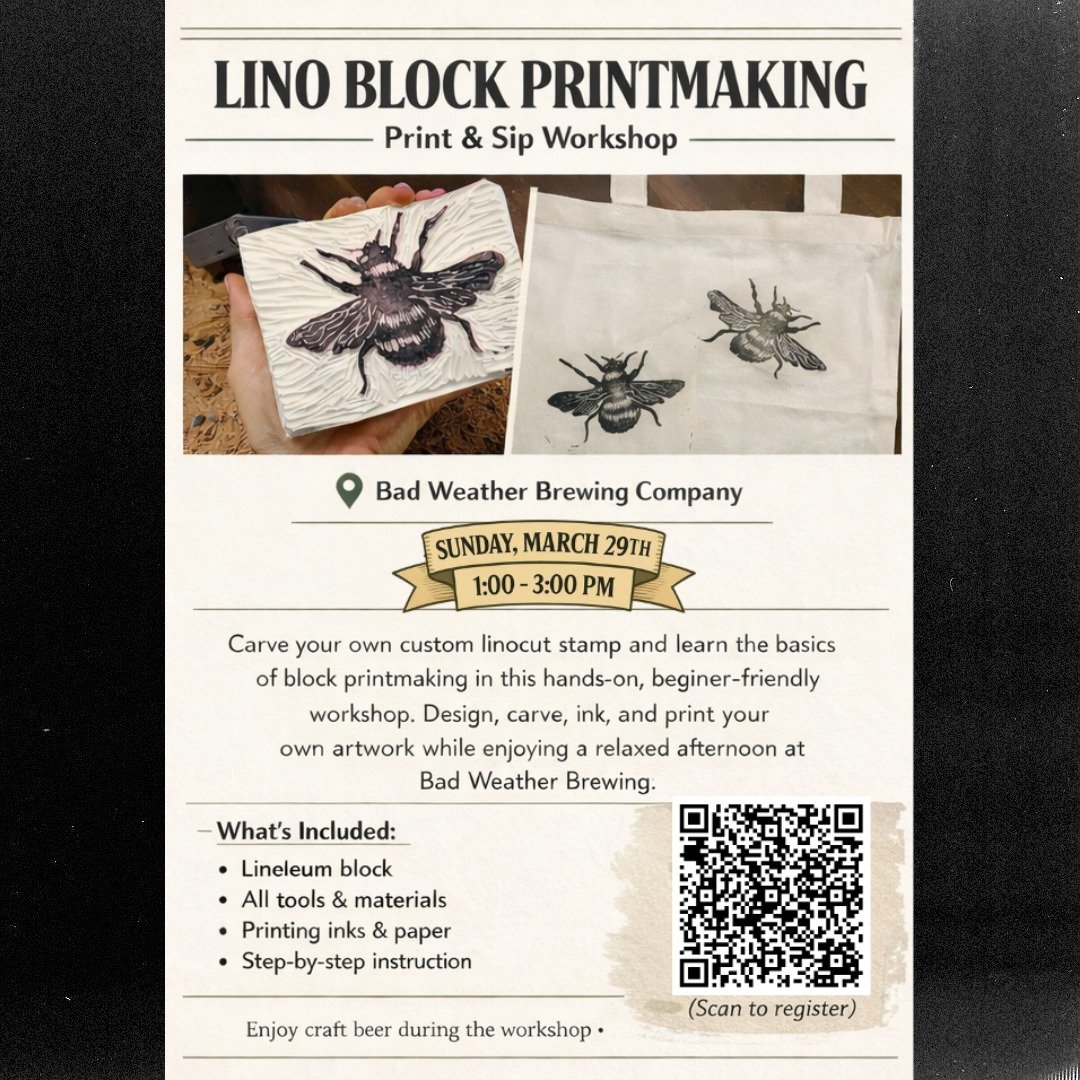 A few spots left in our Lino Block Printmaking Class on Sunday. Grab a drink and carve something awesome!

In this relaxed, beginner-friendly Print &amp; Sip class, you&rsquo;ll learn the basics of linocut block printing while Led by the folks from @