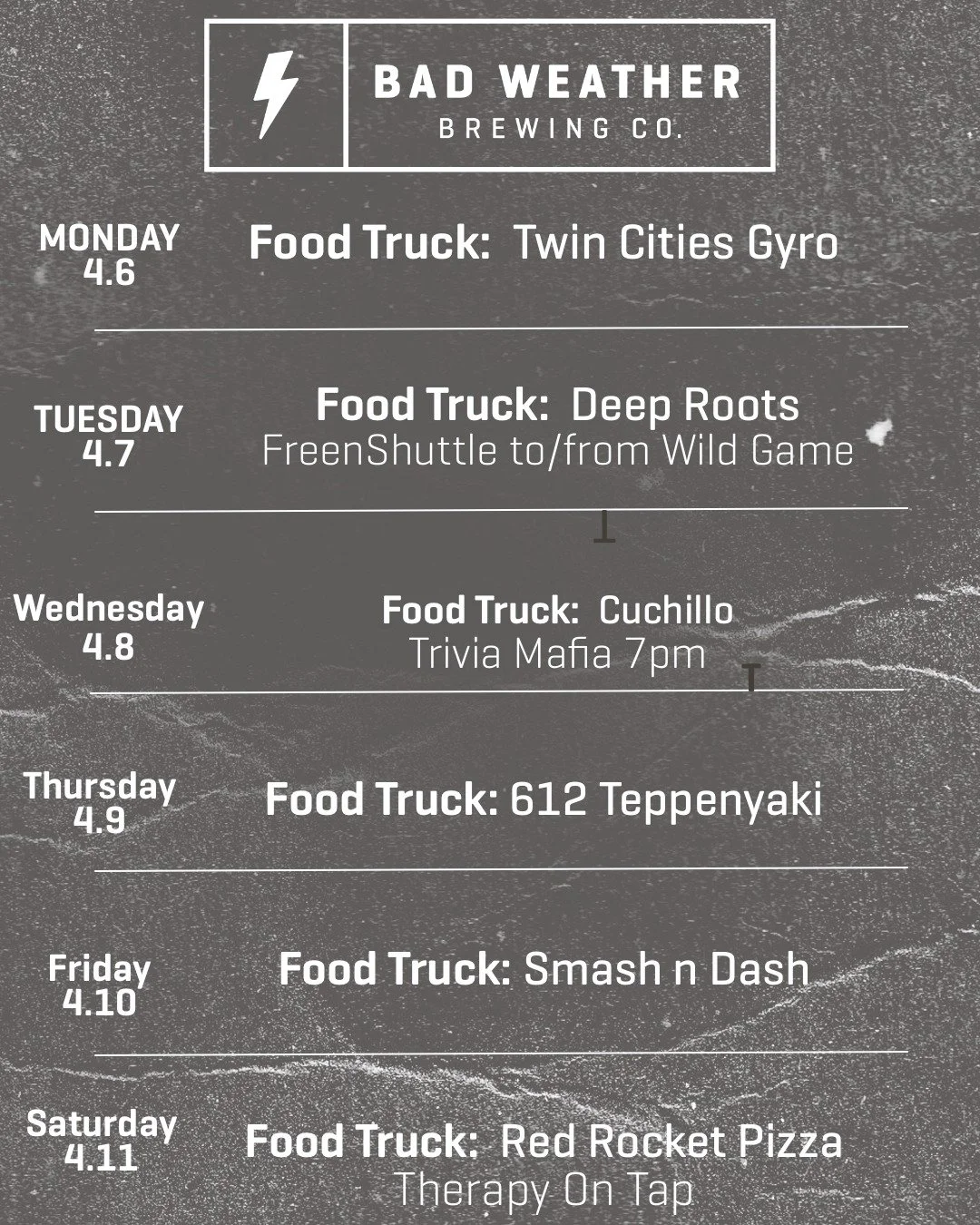 Here is food truck schedule this week. Note that we have another Therapy on Tap on Saturday.