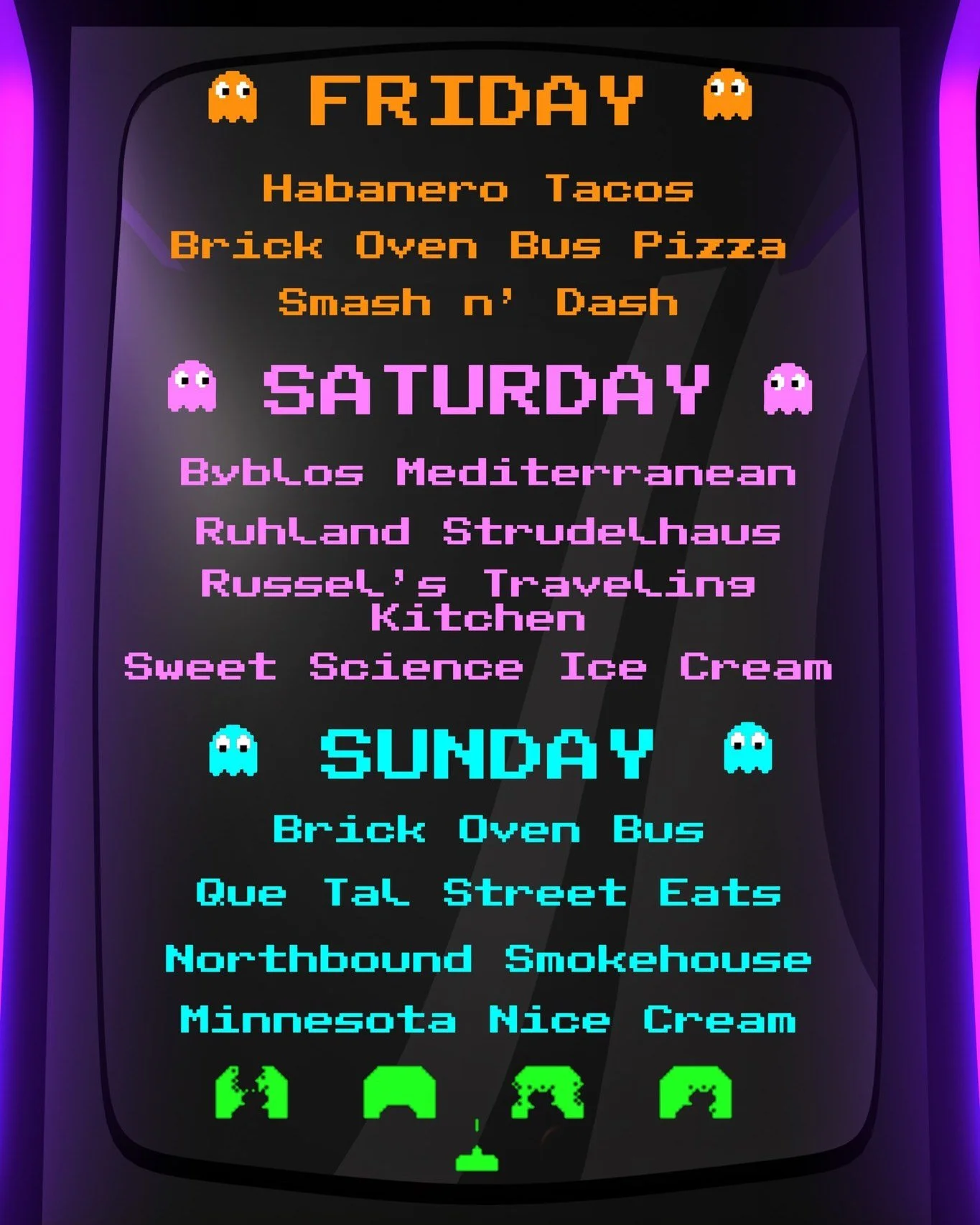 Here's the Food truck/Ice Cream Truck list for this Weekend's Outdoor Arcade Party. 

If you somehow have missed details on this event... all weekend long we transform our entire outdoor space into a family friendly retro outdoor arcade, reminiscent 