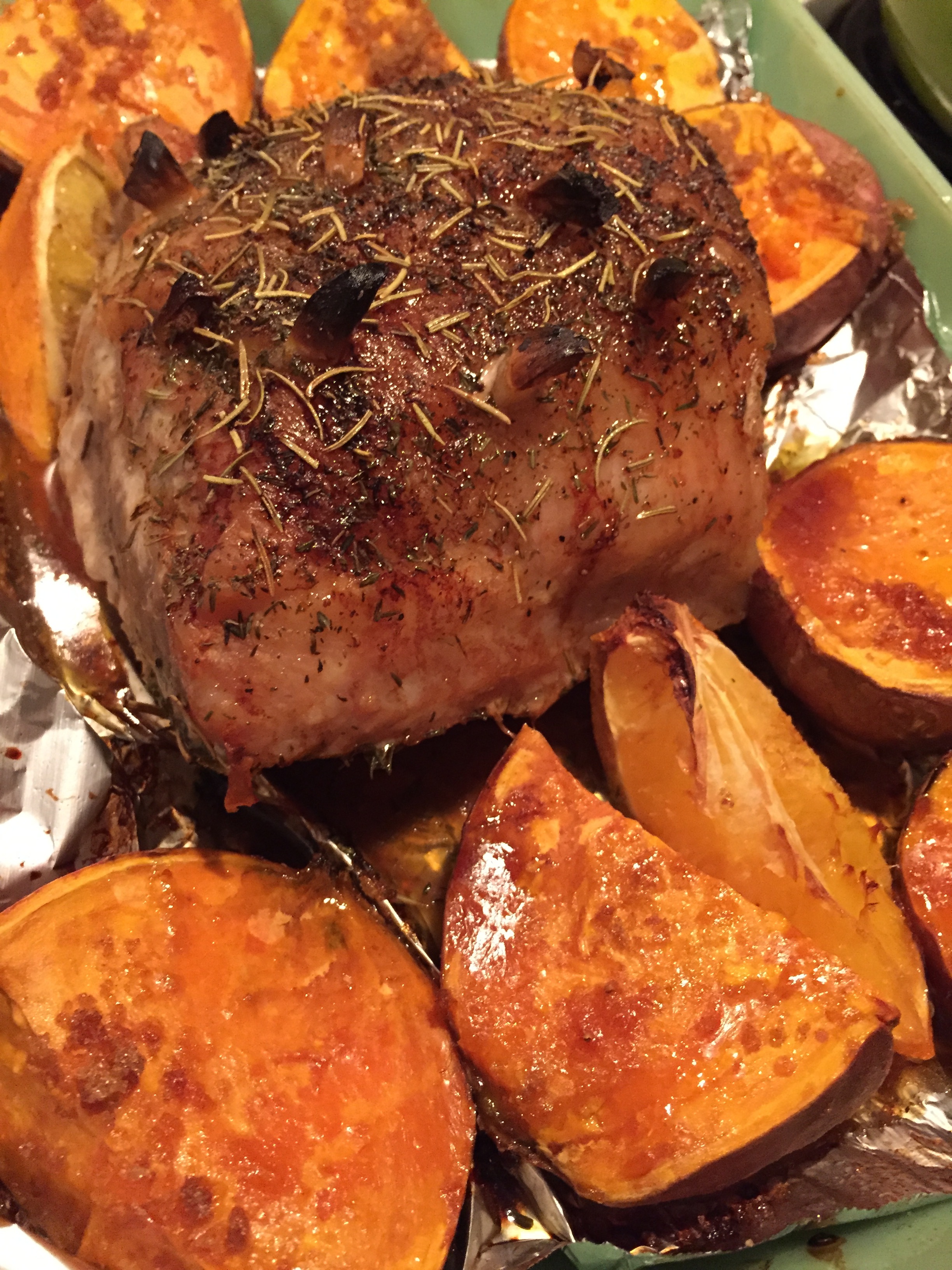 pork roast and brown sugar sweet potatoes, made in a defiant act of cooking for One