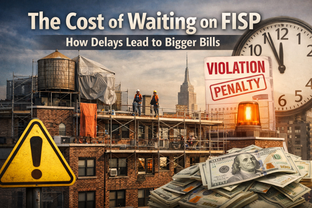 Manhattan coop building under FISP (Local Law 11) repair with scaffolding, water tower, and visual symbols of rising costs and compliance penalties.