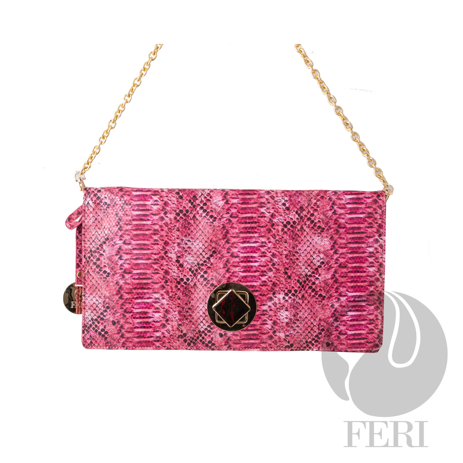 - Faux leather envelope purse - Snake skin print pattern - Gold toned hardware and flap closure - Removable chain strap - Custom FERI lining - Dimension: 15.35" x 8.27" x 1.2" 
