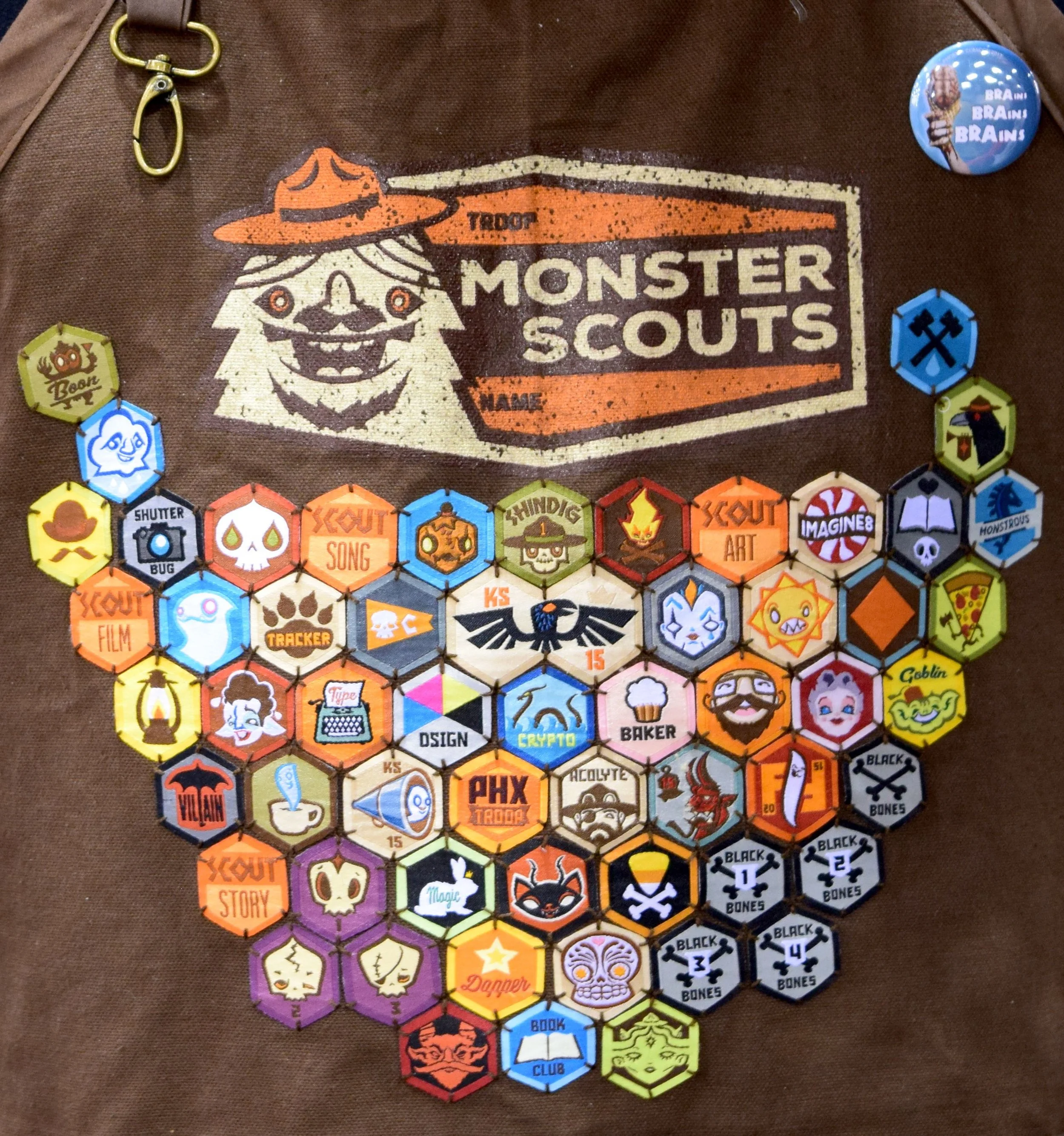 The Monster Scout badges worn by Daniel Monster Davis (detail).