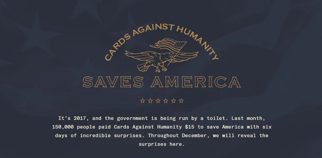 The banner at the top of cardsagainsthumanitysavesamerica.com .