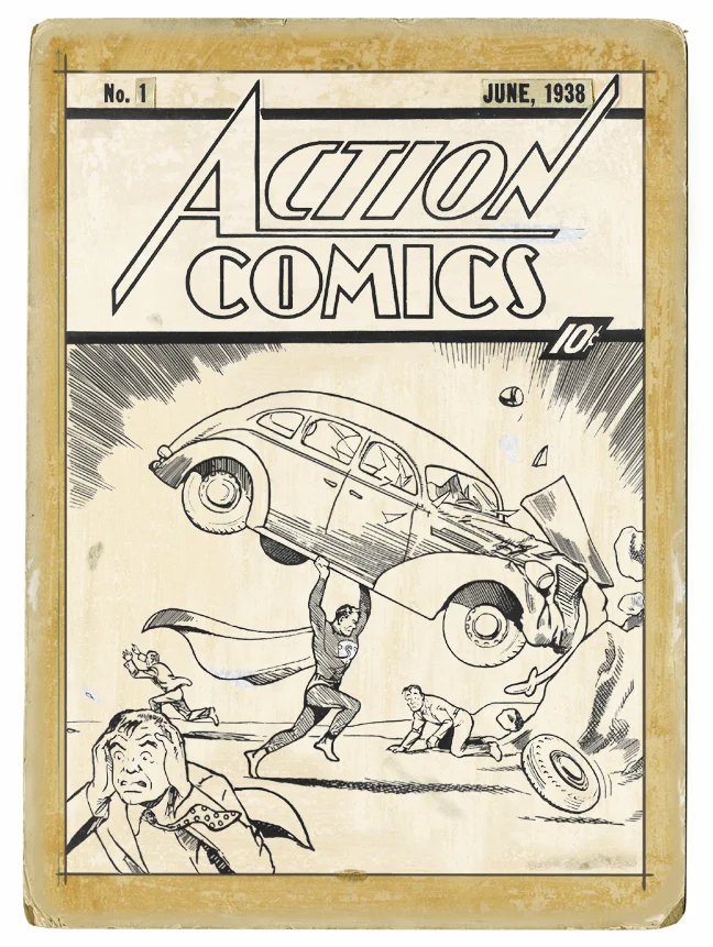 The original cover art for Action Comics #1 by Joe Shuster.