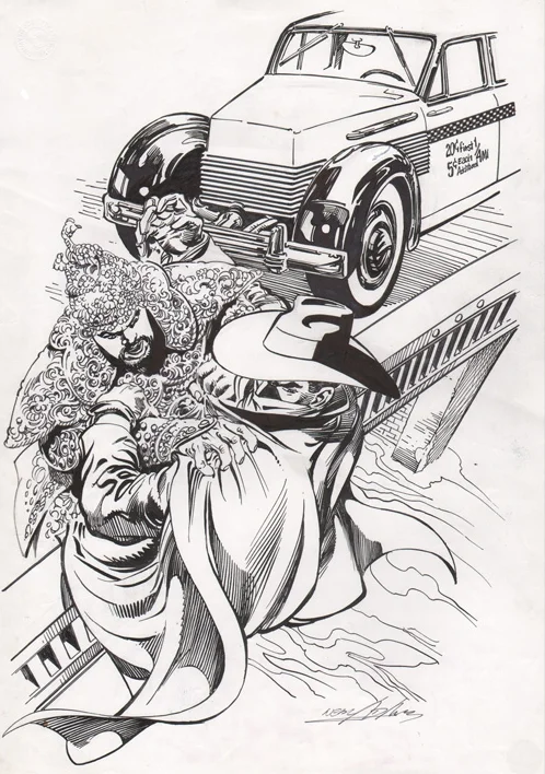 The Shadow fights Shiwan Khan. A commission by Neal Adams.