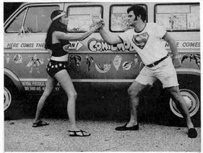 Bob Rozakis with his future wife Laurie in front of the DC Comicmobile.