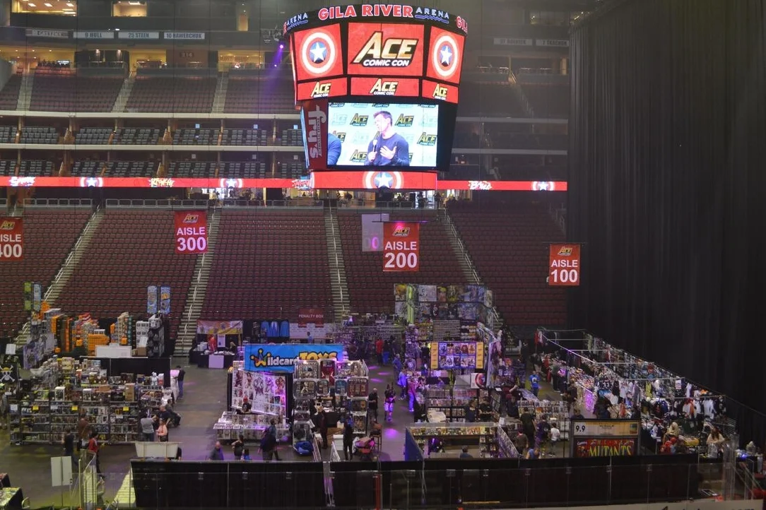 Watching the panels from the arena seats above the show floor.