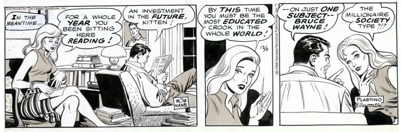 The Batman syndicated strip fro 12/6/1968, signed by Bob Kane in the first panel and Plastino & Ellsworth in the last.