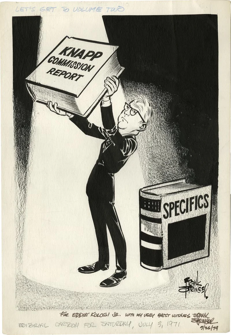 "Let's Get To Volume Two" - an editorial cartoon for Saturday July 3, 1971. Drawn by Frank Springer.