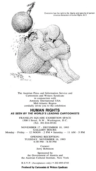A poster for the Human Rights exhibition curated by Jerry Robinson.
