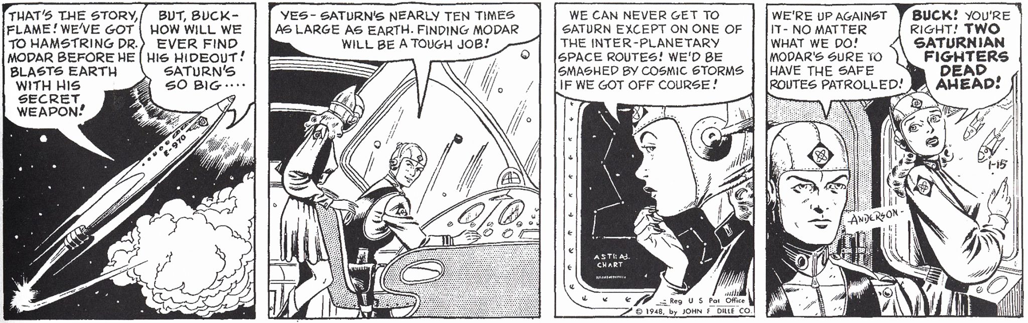 The Buck Rogers daily strip from January 14, 1948 - drawn by Murphy Anderson.