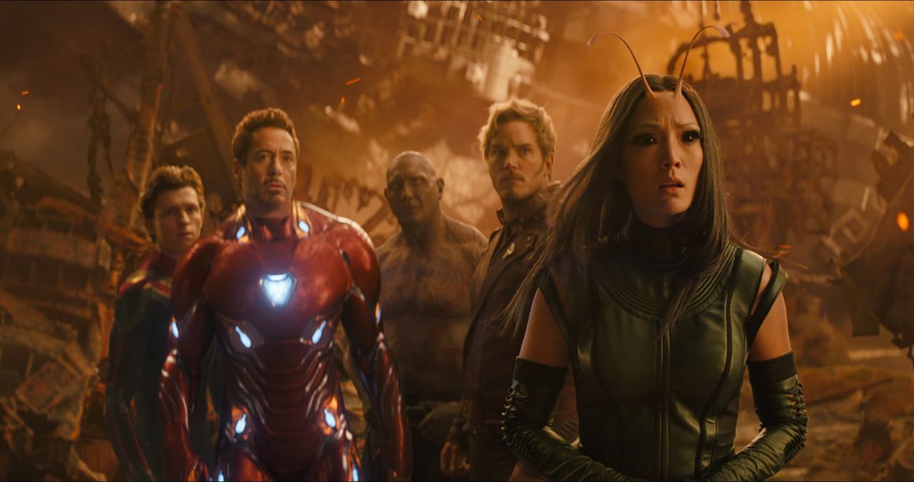 Spider-Man , Iron Man , Drax , Star Lord , and Mantis contemplate the destruction.