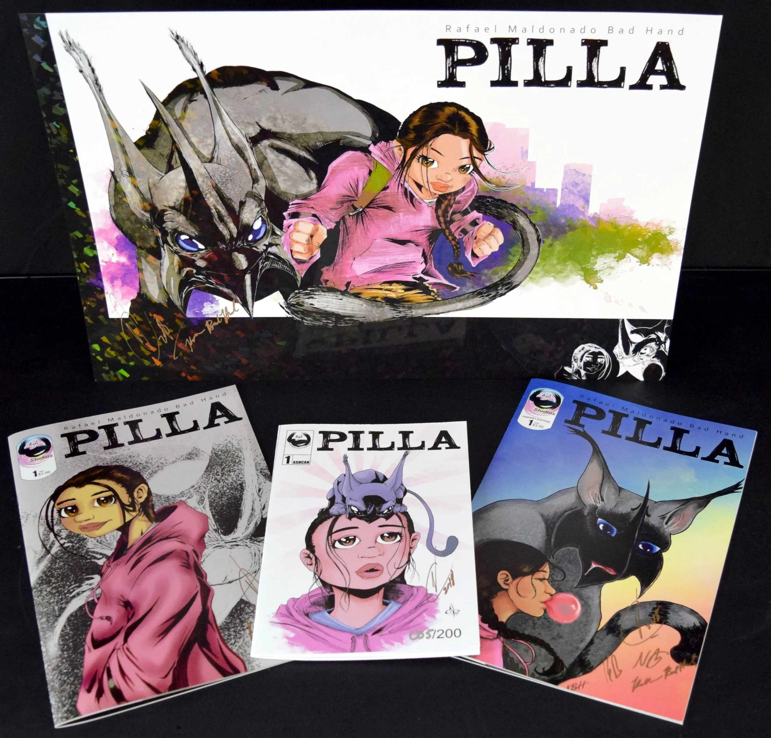 Pilla: Issue #1, Ashcan, issue #1 variant, & prismatic print (in back).