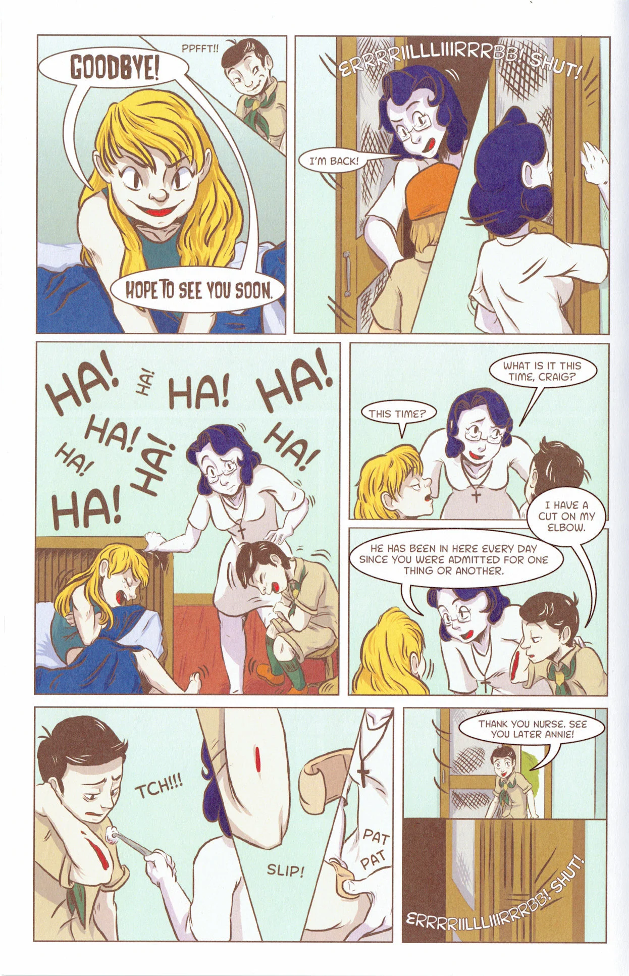 Craig & Annie talk in the nurse's office. An interior page from Campfire Stories of Lake Kikipapi #1 by Bill & Pepper DeLuca.