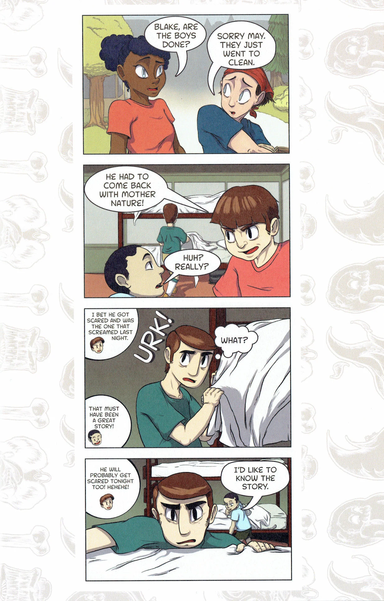 Archie gets teased by his bunkmates. An interior page from Side Stories of Camp Lake Kikipapi by Bill & Pepper DeLuca.