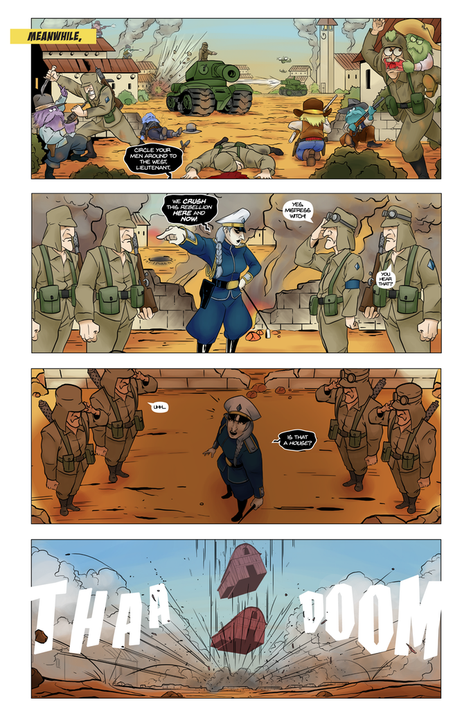 An unfortunate beginning for the witch. An interior page from West of Oz , written by Sean Benner with art from Nick Winand.